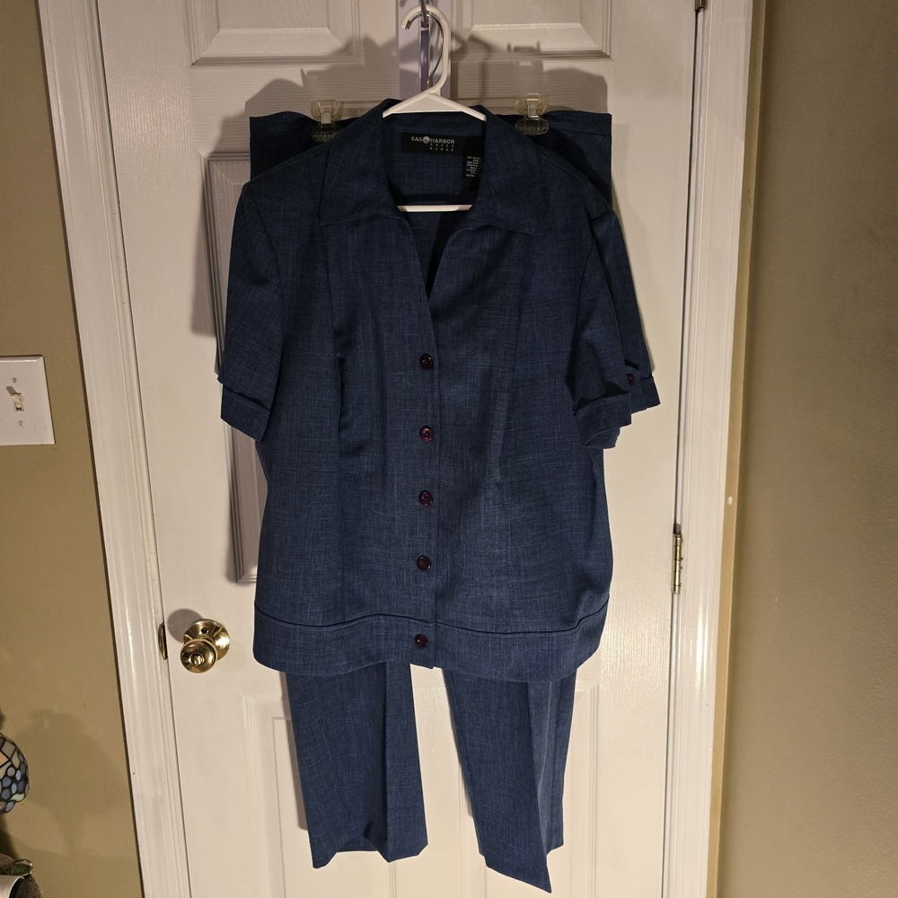 Sag Harbor Pant Suit Womans Blue 2 Piece Set Plus Size 20W Short Sleeve Top